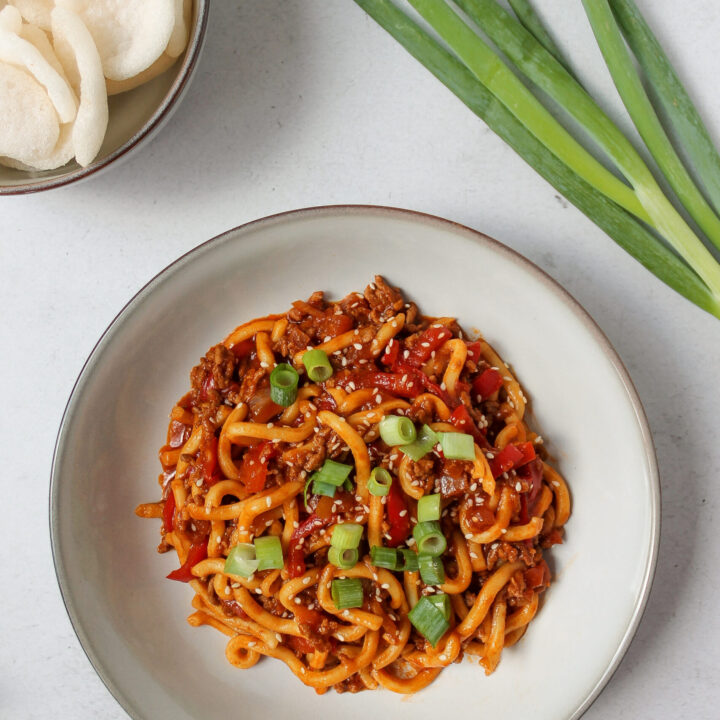 Udon noedels met gehakt in ketjap saus